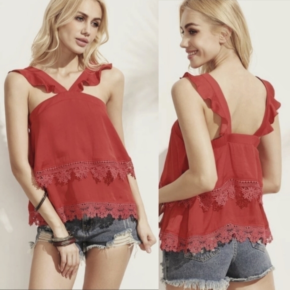 Lovers + Friends Tops - Lovers + Friends Boho Halter Lace Trim Top In Persimmon Size Small